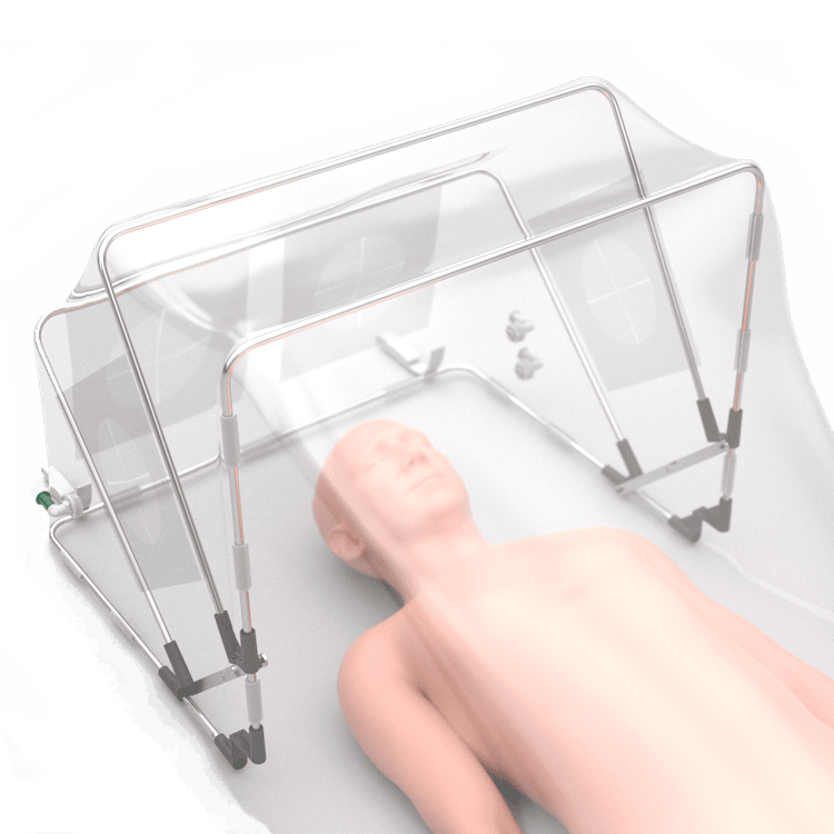A prototype of the Self-Contained Negative Pressure Environment with a person inside.